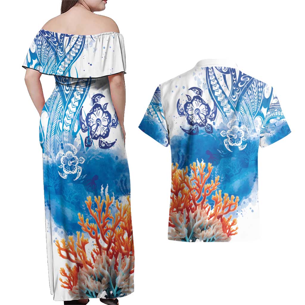 Hibiscus Turtle Tattoo Coral Reef Couples Matching Off Shoulder Maxi Dress and Hawaiian Shirt with Polynesian Tribal LT9 - Polynesian Pride