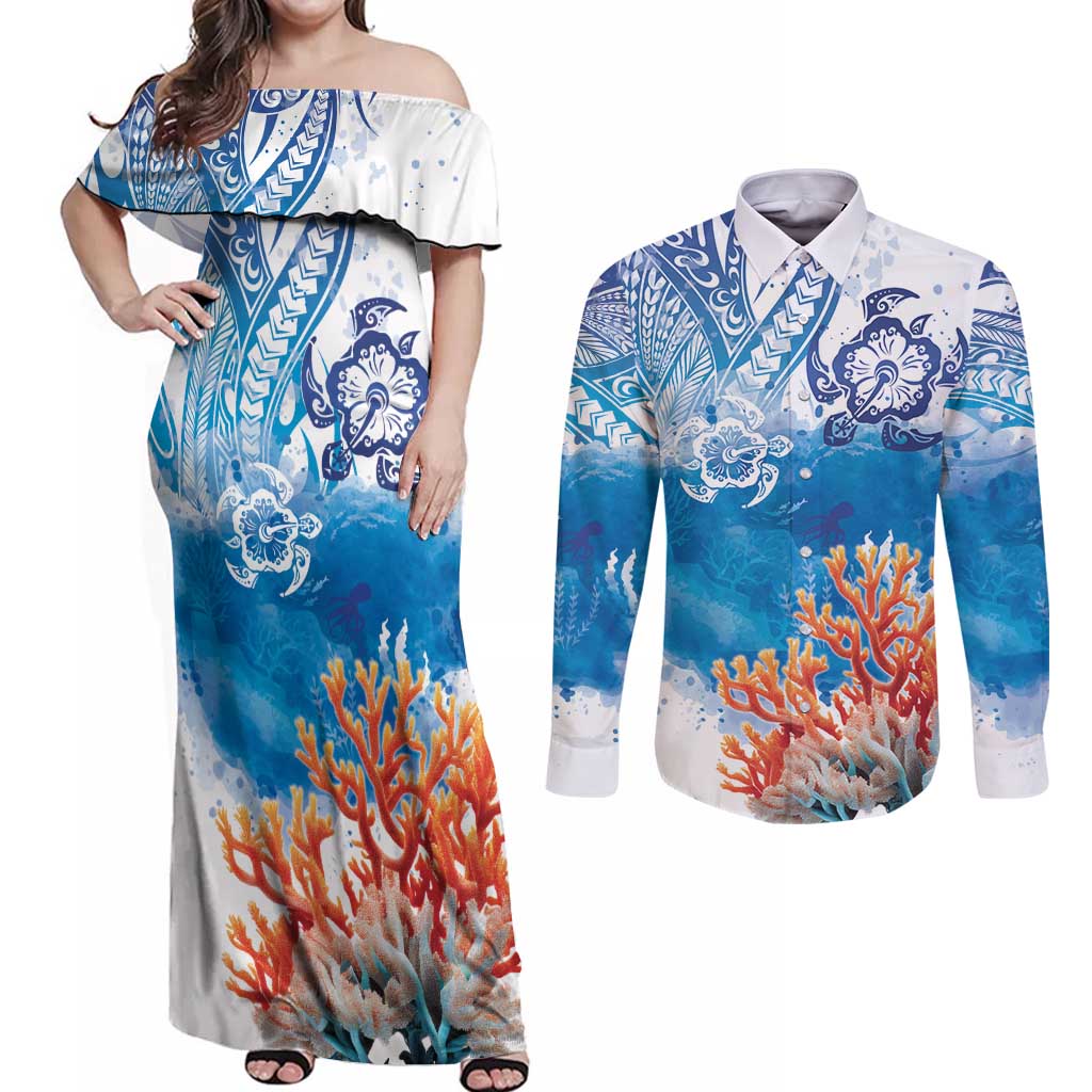 Hibiscus Turtle Tattoo Coral Reef Couples Matching Off Shoulder Maxi Dress and Long Sleeve Button Shirt with Polynesian Tribal LT9 White - Polynesian Pride