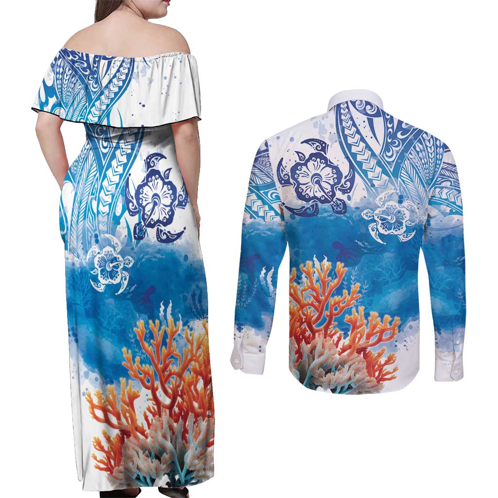 Hibiscus Turtle Tattoo Coral Reef Couples Matching Off Shoulder Maxi Dress and Long Sleeve Button Shirt with Polynesian Tribal LT9 - Polynesian Pride