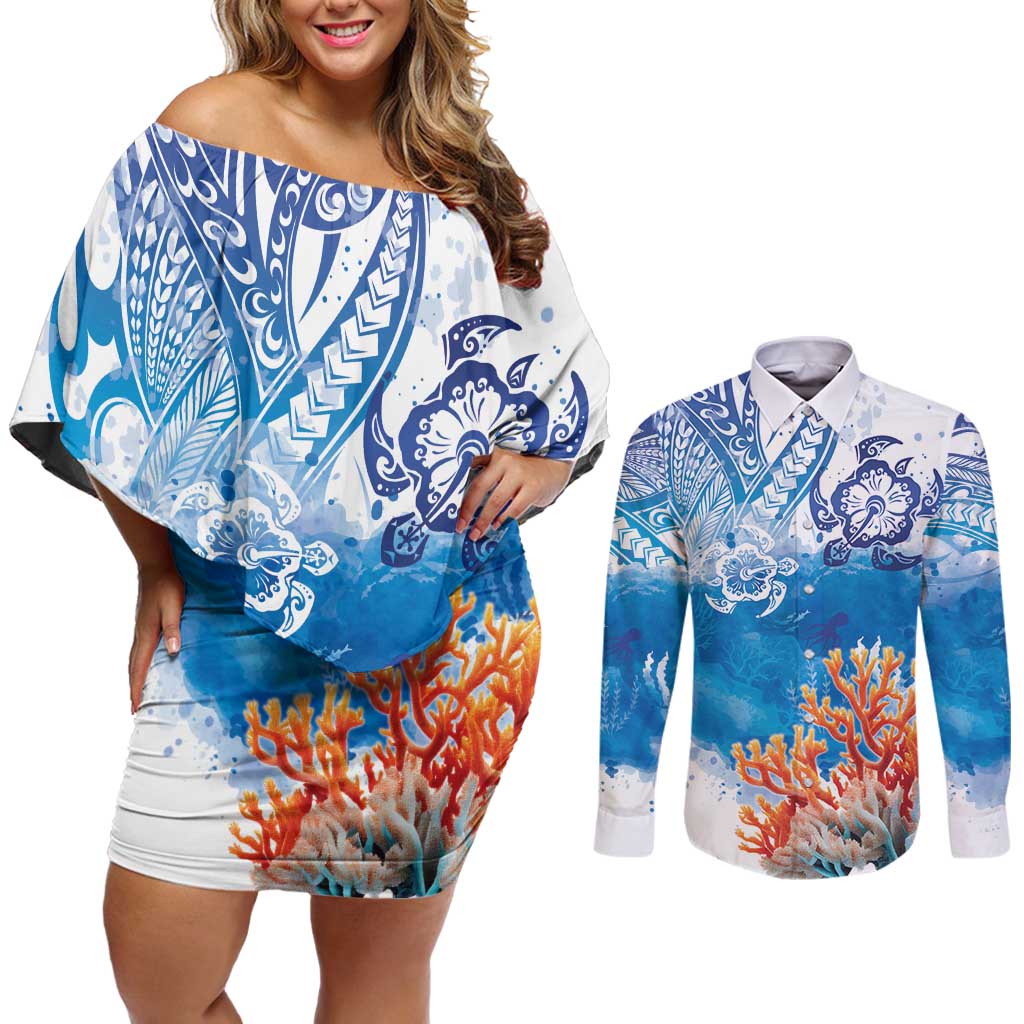 Hibiscus Turtle Tattoo Coral Reef Couples Matching Off Shoulder Short Dress and Long Sleeve Button Shirt with Polynesian Tribal LT9 White - Polynesian Pride