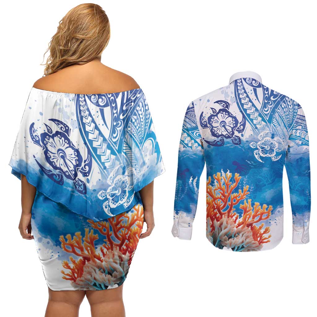 Hibiscus Turtle Tattoo Coral Reef Couples Matching Off Shoulder Short Dress and Long Sleeve Button Shirt with Polynesian Tribal LT9 - Polynesian Pride