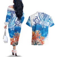 Hibiscus Turtle Tattoo Coral Reef Couples Matching Off The Shoulder Long Sleeve Dress and Hawaiian Shirt with Polynesian Tribal LT9 - Polynesian Pride