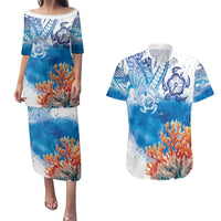 Hibiscus Turtle Tattoo Coral Reef Couples Matching Puletasi and Hawaiian Shirt with Polynesian Tribal LT9 White - Polynesian Pride