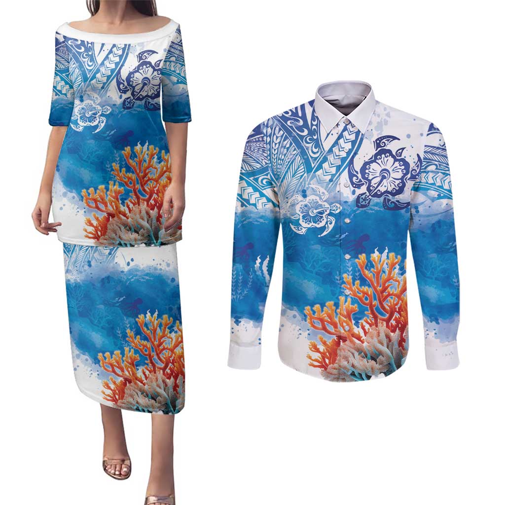 Hibiscus Turtle Tattoo Coral Reef Couples Matching Puletasi and Long Sleeve Button Shirt with Polynesian Tribal LT9 White - Polynesian Pride