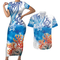 Hibiscus Turtle Tattoo Coral Reef Couples Matching Short Sleeve Bodycon Dress and Hawaiian Shirt with Polynesian Tribal LT9 White - Polynesian Pride