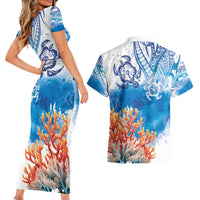 Hibiscus Turtle Tattoo Coral Reef Couples Matching Short Sleeve Bodycon Dress and Hawaiian Shirt with Polynesian Tribal LT9 - Polynesian Pride
