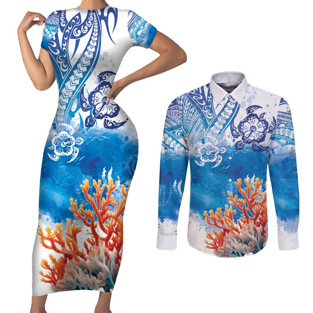 Hibiscus Turtle Tattoo Coral Reef Couples Matching Short Sleeve Bodycon Dress and Long Sleeve Button Shirt with Polynesian Tribal LT9 White - Polynesian Pride