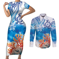 Hibiscus Turtle Tattoo Coral Reef Couples Matching Short Sleeve Bodycon Dress and Long Sleeve Button Shirt with Polynesian Tribal LT9 White - Polynesian Pride