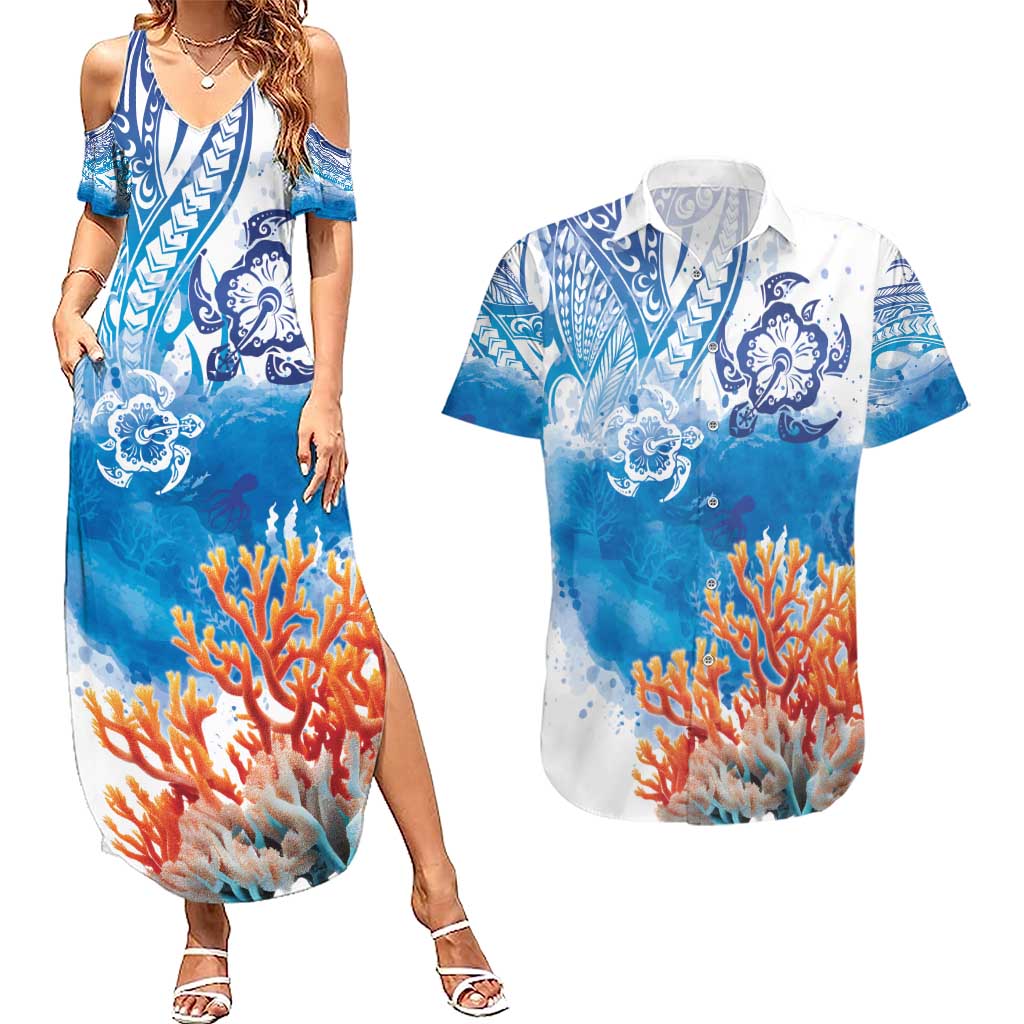 Hibiscus Turtle Tattoo Coral Reef Couples Matching Summer Maxi Dress and Hawaiian Shirt with Polynesian Tribal LT9 White - Polynesian Pride