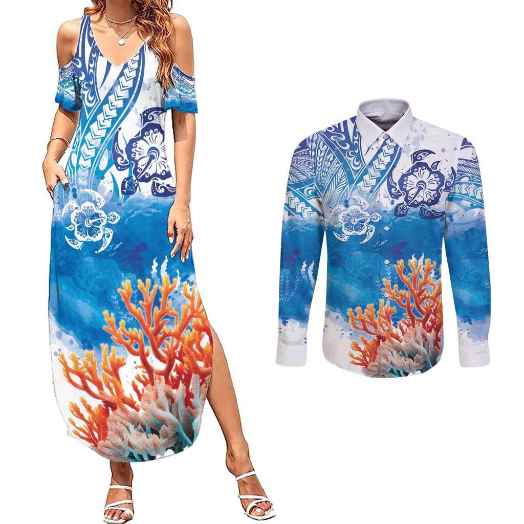 Hibiscus Turtle Tattoo Coral Reef Couples Matching Summer Maxi Dress and Long Sleeve Button Shirt with Polynesian Tribal LT9 White - Polynesian Pride