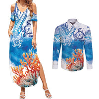 Hibiscus Turtle Tattoo Coral Reef Couples Matching Summer Maxi Dress and Long Sleeve Button Shirt with Polynesian Tribal LT9 White - Polynesian Pride