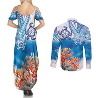 Hibiscus Turtle Tattoo Coral Reef Couples Matching Summer Maxi Dress and Long Sleeve Button Shirt with Polynesian Tribal LT9 - Polynesian Pride