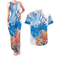 Hibiscus Turtle Tattoo Coral Reef Couples Matching Tank Maxi Dress and Hawaiian Shirt with Polynesian Tribal LT9 White - Polynesian Pride