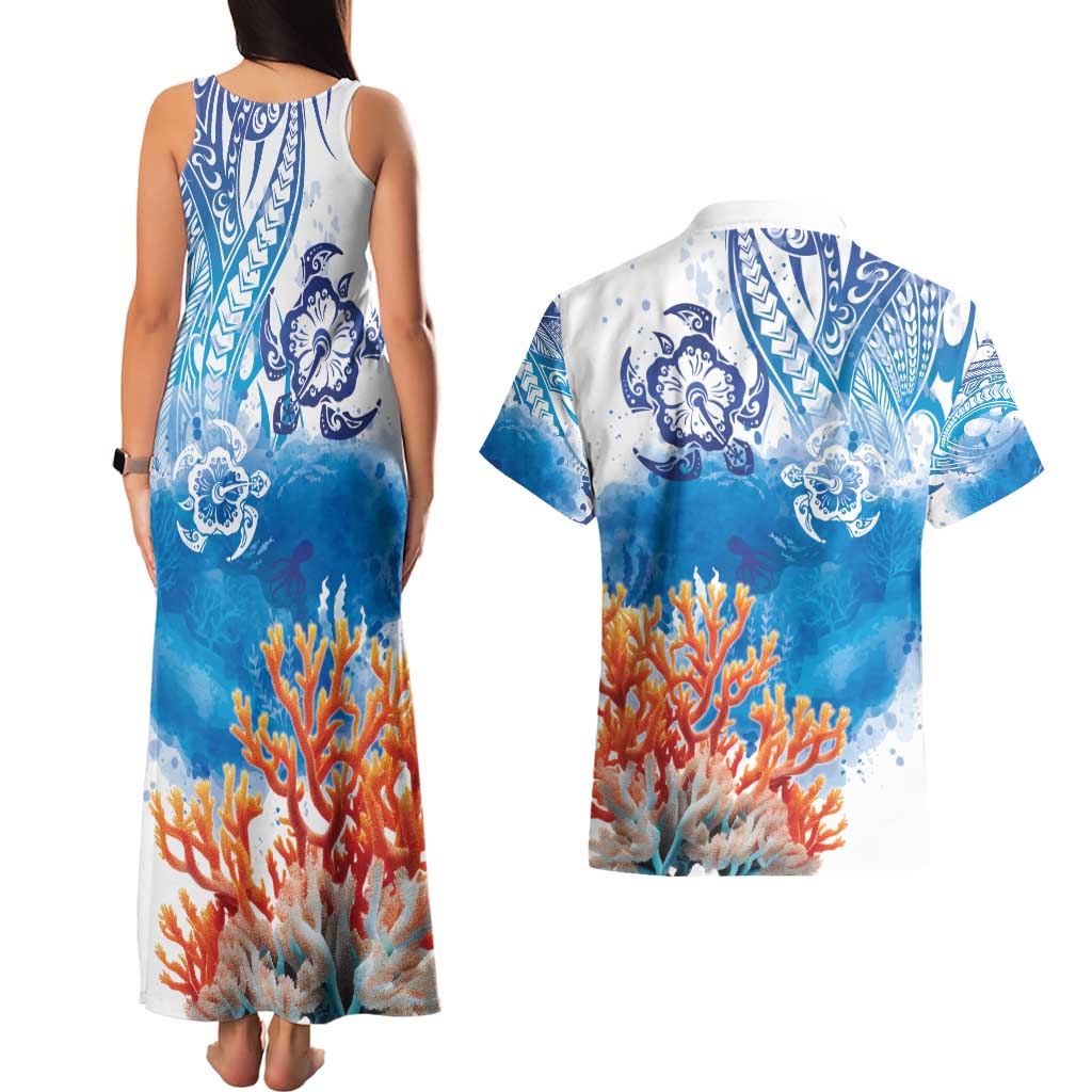 Hibiscus Turtle Tattoo Coral Reef Couples Matching Tank Maxi Dress and Hawaiian Shirt with Polynesian Tribal LT9 - Polynesian Pride