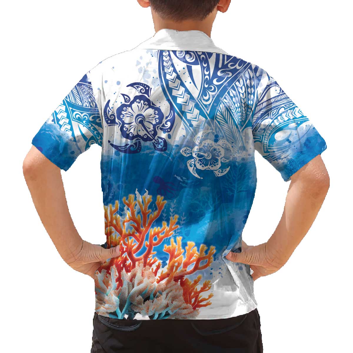 Hibiscus Turtle Tattoo Coral Reef Family Matching Off The Shoulder Long Sleeve Dress and Hawaiian Shirt with Polynesian Tribal LT9 - Polynesian Pride