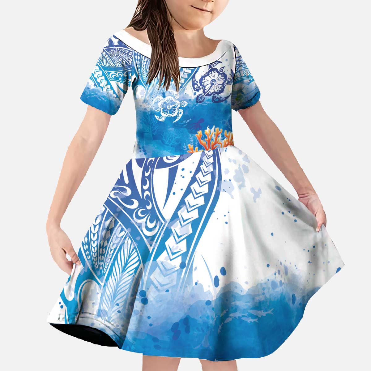 Hibiscus Turtle Tattoo Coral Reef Family Matching Off The Shoulder Long Sleeve Dress and Hawaiian Shirt with Polynesian Tribal LT9 Daughter's Dress White - Polynesian Pride