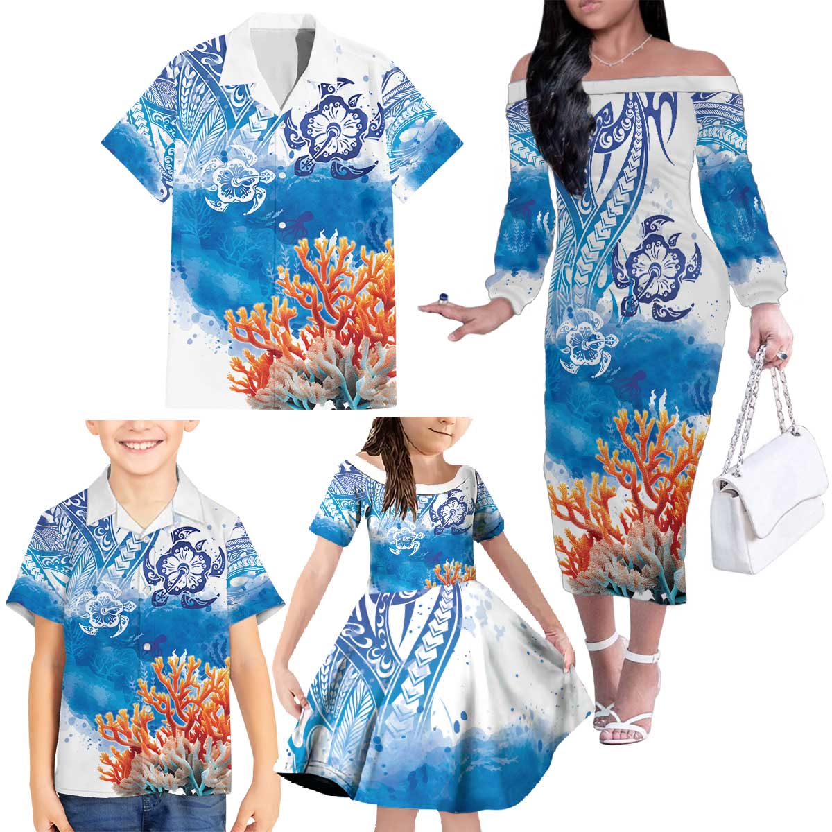 Hibiscus Turtle Tattoo Coral Reef Family Matching Off The Shoulder Long Sleeve Dress and Hawaiian Shirt with Polynesian Tribal LT9 - Polynesian Pride