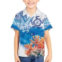 Hibiscus Turtle Tattoo Coral Reef Family Matching Off The Shoulder Long Sleeve Dress and Hawaiian Shirt with Polynesian Tribal LT9 Son's Shirt White - Polynesian Pride