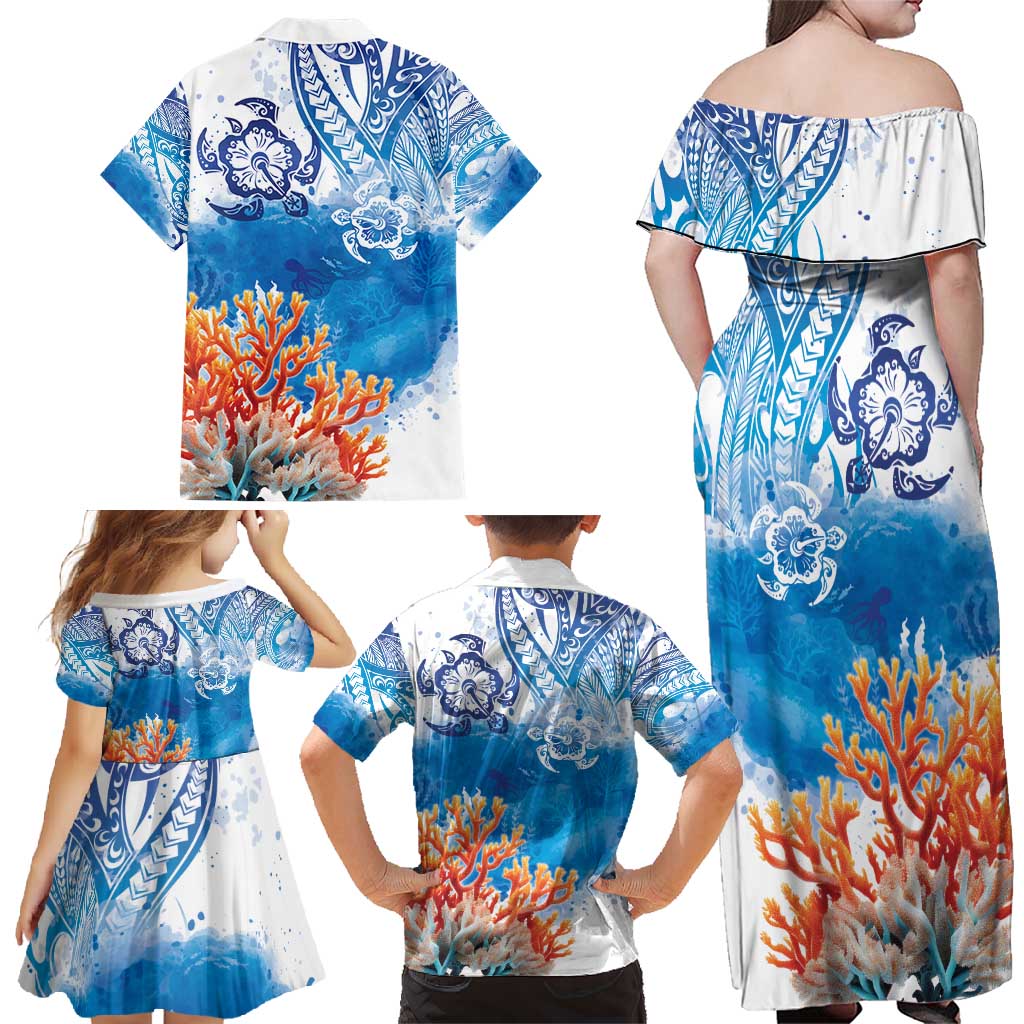Hibiscus Turtle Tattoo Coral Reef Family Matching Off Shoulder Maxi Dress and Hawaiian Shirt with Polynesian Tribal LT9 - Polynesian Pride