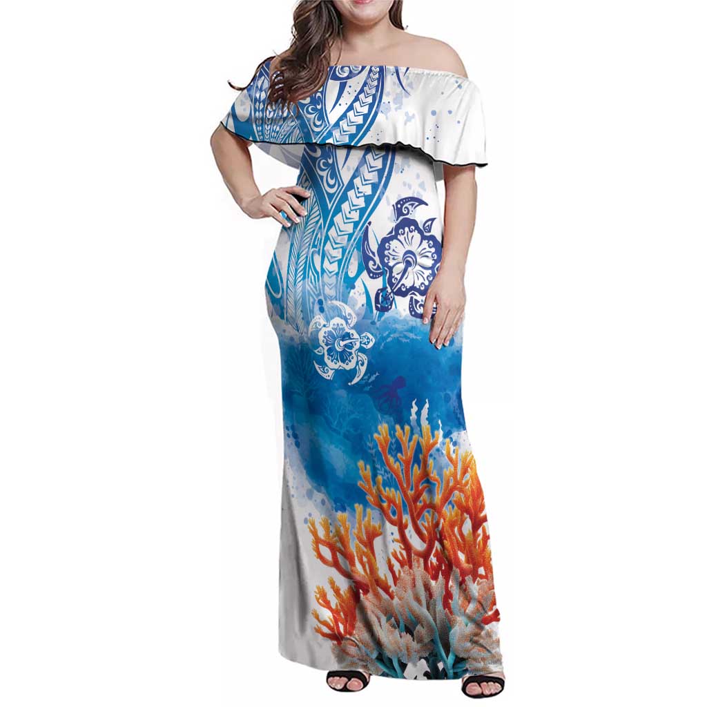 Hibiscus Turtle Tattoo Coral Reef Family Matching Off Shoulder Maxi Dress and Hawaiian Shirt with Polynesian Tribal LT9 Mom's Dress White - Polynesian Pride