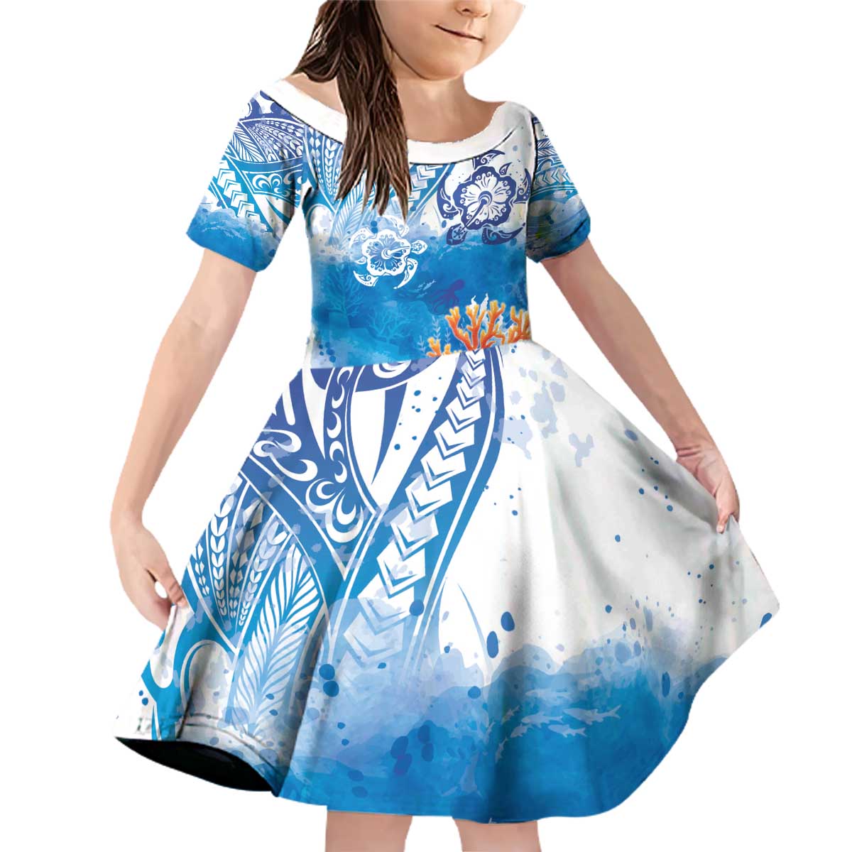 Hibiscus Turtle Tattoo Coral Reef Family Matching Off Shoulder Short Dress and Hawaiian Shirt with Polynesian Tribal LT9 Daughter's Dress White - Polynesian Pride