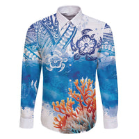 Hibiscus Turtle Tattoo Coral Reef Family Matching Off Shoulder Short Dress and Hawaiian Shirt with Polynesian Tribal LT9 Dad's Shirt - Long Sleeve White - Polynesian Pride