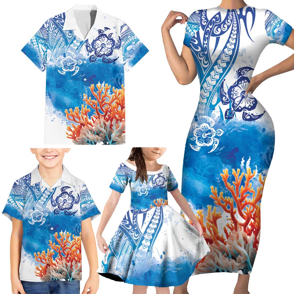 Hibiscus Turtle Tattoo Coral Reef Family Matching Short Sleeve Bodycon Dress and Hawaiian Shirt with Polynesian Tribal LT9 - Polynesian Pride