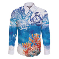 Hibiscus Turtle Tattoo Coral Reef Family Matching Summer Maxi Dress and Hawaiian Shirt with Polynesian Tribal LT9 Dad's Shirt - Long Sleeve White - Polynesian Pride