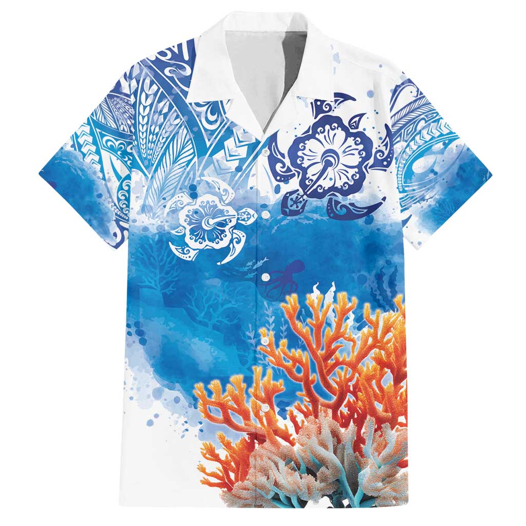 Hibiscus Turtle Tattoo Coral Reef Family Matching Tank Maxi Dress and Hawaiian Shirt with Polynesian Tribal LT9 Dad's Shirt - Short Sleeve White - Polynesian Pride