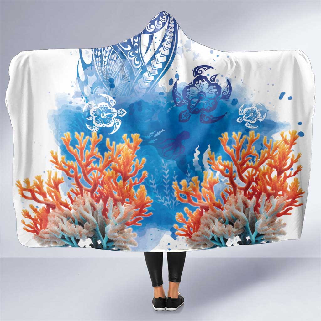 Hibiscus Turtle Tattoo Coral Reef Hooded Blanket with Polynesian Tribal LT9 One Size White - Polynesian Pride