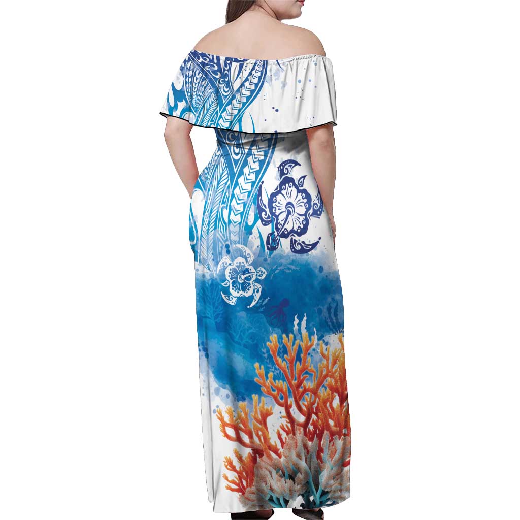 Hibiscus Turtle Tattoo Coral Reef Off Shoulder Maxi Dress with Polynesian Tribal