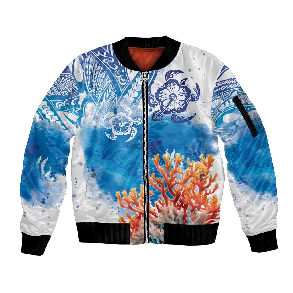 Hibiscus Turtle Tattoo Coral Reef Sleeve Zip Bomber Jacket with Polynesian Tribal LT9 Unisex White - Polynesian Pride