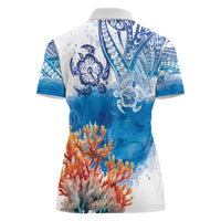 Hibiscus Turtle Tattoo Coral Reef Women Polo Shirt with Polynesian Tribal