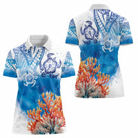 Hibiscus Turtle Tattoo Coral Reef Women Polo Shirt with Polynesian Tribal