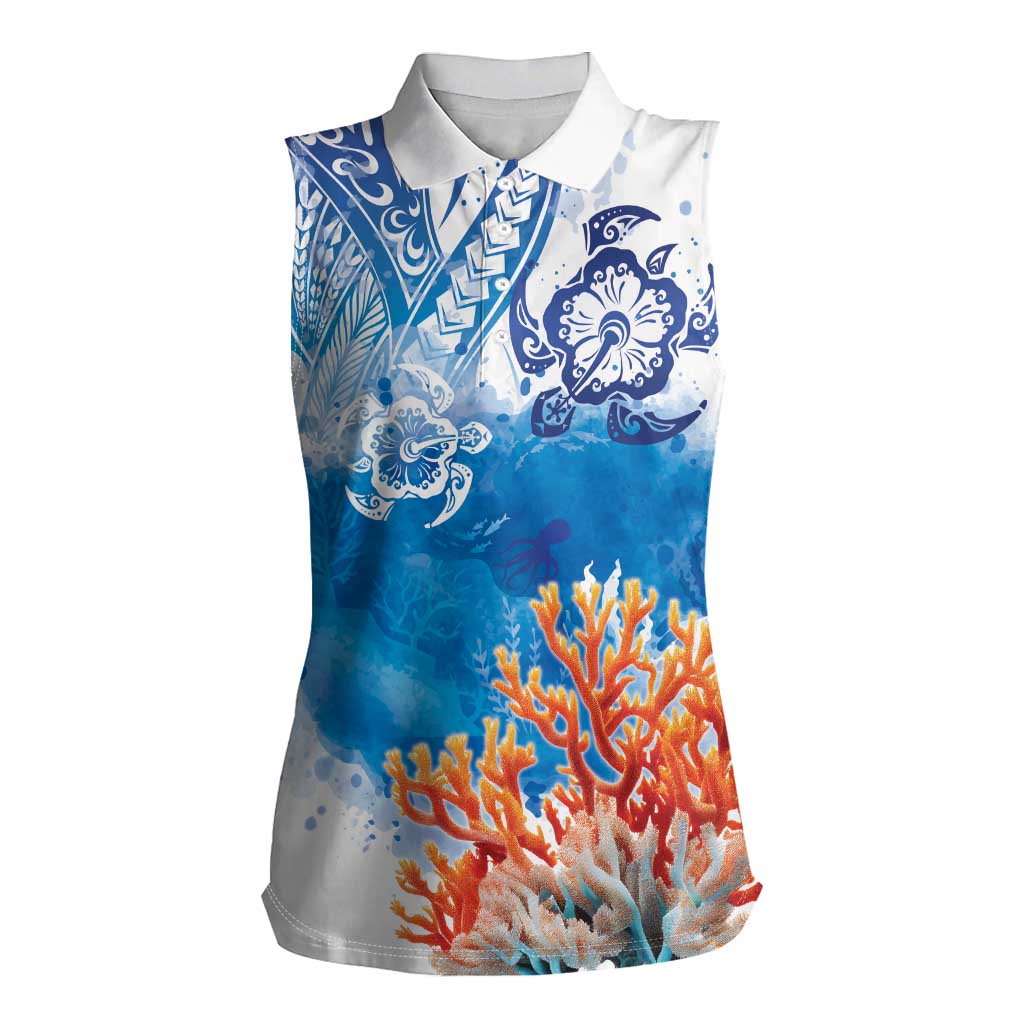 Hibiscus Turtle Tattoo Coral Reef Women Sleeveless Polo Shirt with Polynesian Tribal LT9 Female White - Polynesian Pride