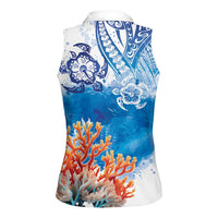 Hibiscus Turtle Tattoo Coral Reef Women Sleeveless Polo Shirt with Polynesian Tribal LT9 - Polynesian Pride