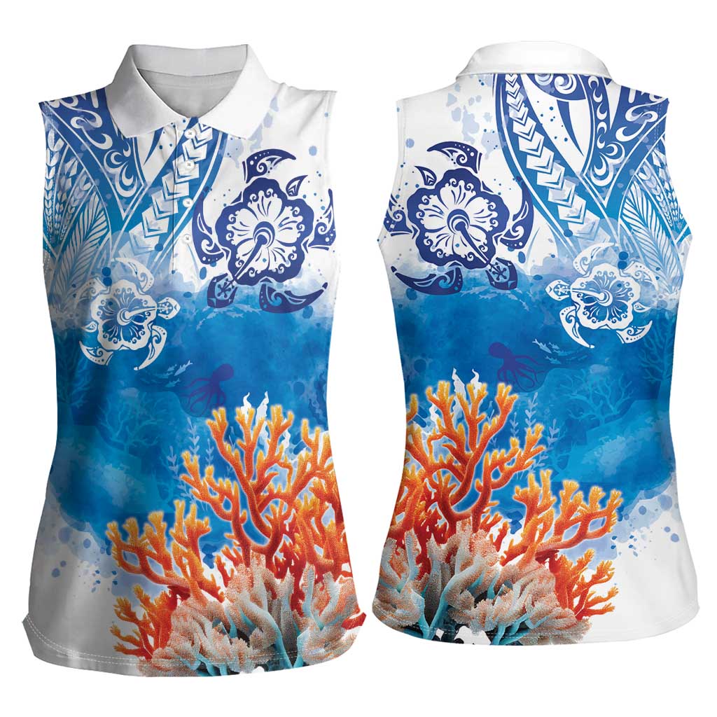 Hibiscus Turtle Tattoo Coral Reef Women Sleeveless Polo Shirt with Polynesian Tribal LT9 - Polynesian Pride