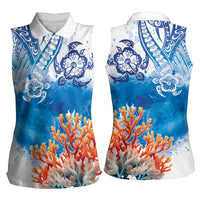 Hibiscus Turtle Tattoo Coral Reef Women Sleeveless Polo Shirt with Polynesian Tribal LT9 - Polynesian Pride