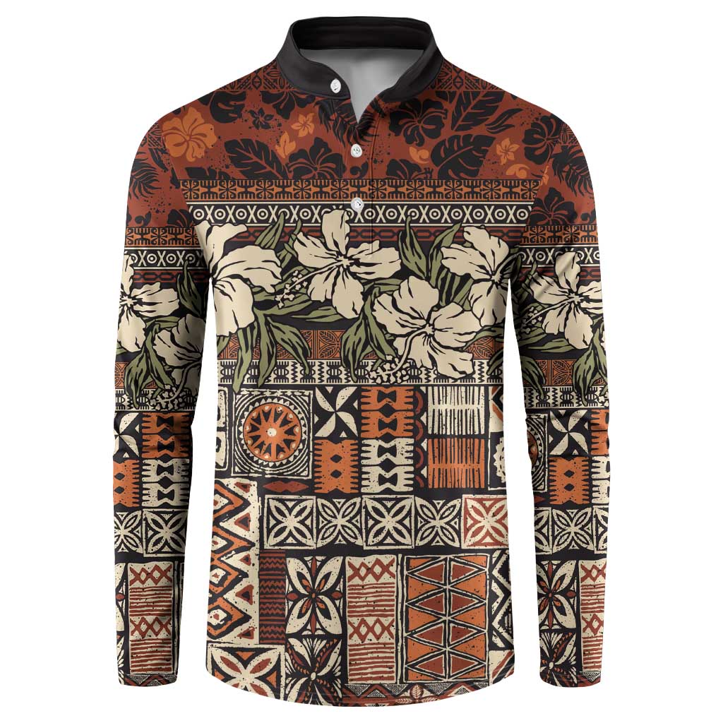 Pacific Hibiscus Tapa Tribal Vintage Button Sweatshirt Brown Motif