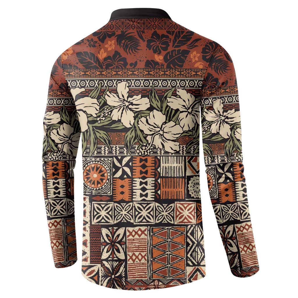 Pacific Hibiscus Tapa Tribal Vintage Button Sweatshirt Brown Motif