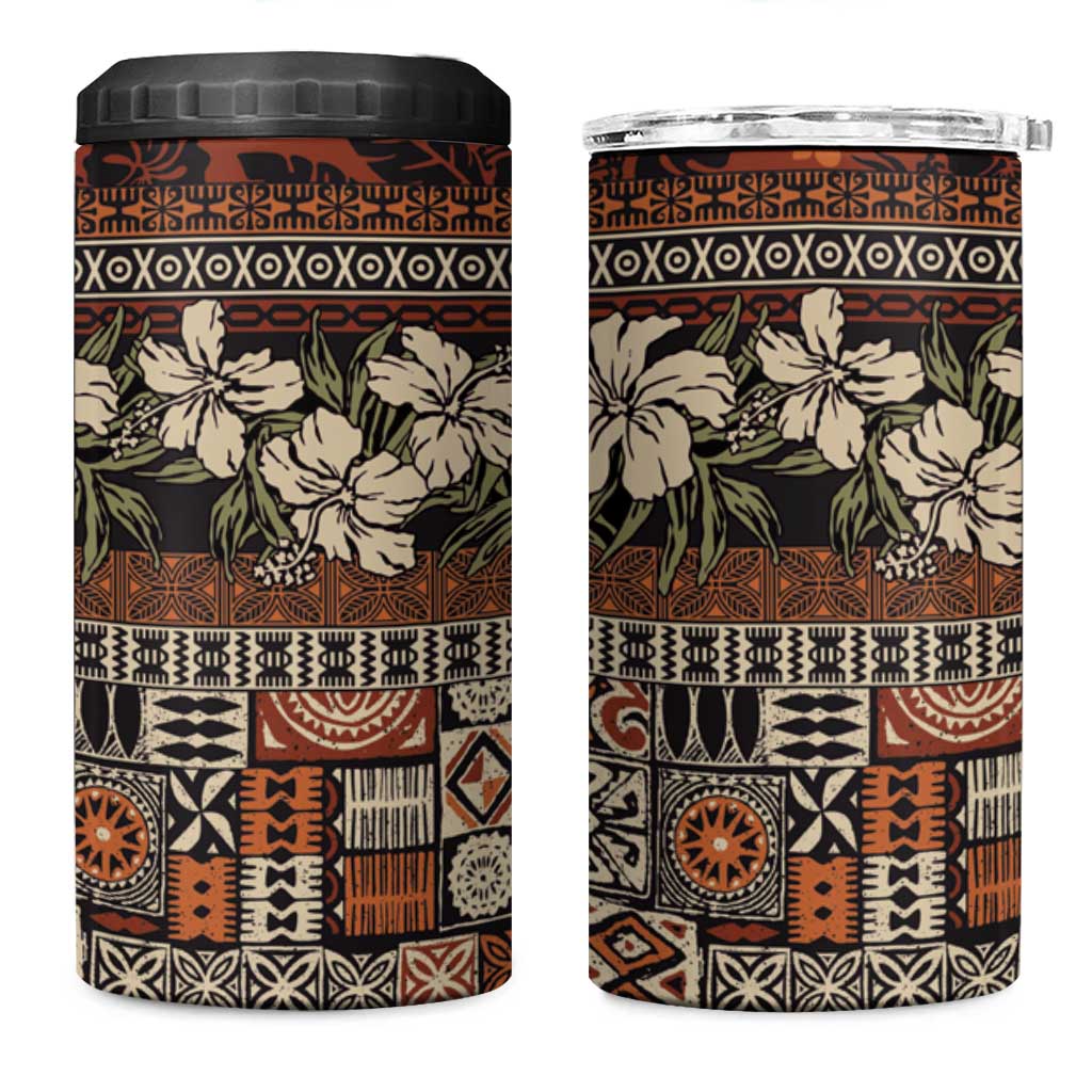 Pacific Hibiscus Tapa Tribal Vintage 4 in 1 Can Cooler Tumbler Brown Motif LT9 One Size: 16 oz Brown - Polynesian Pride
