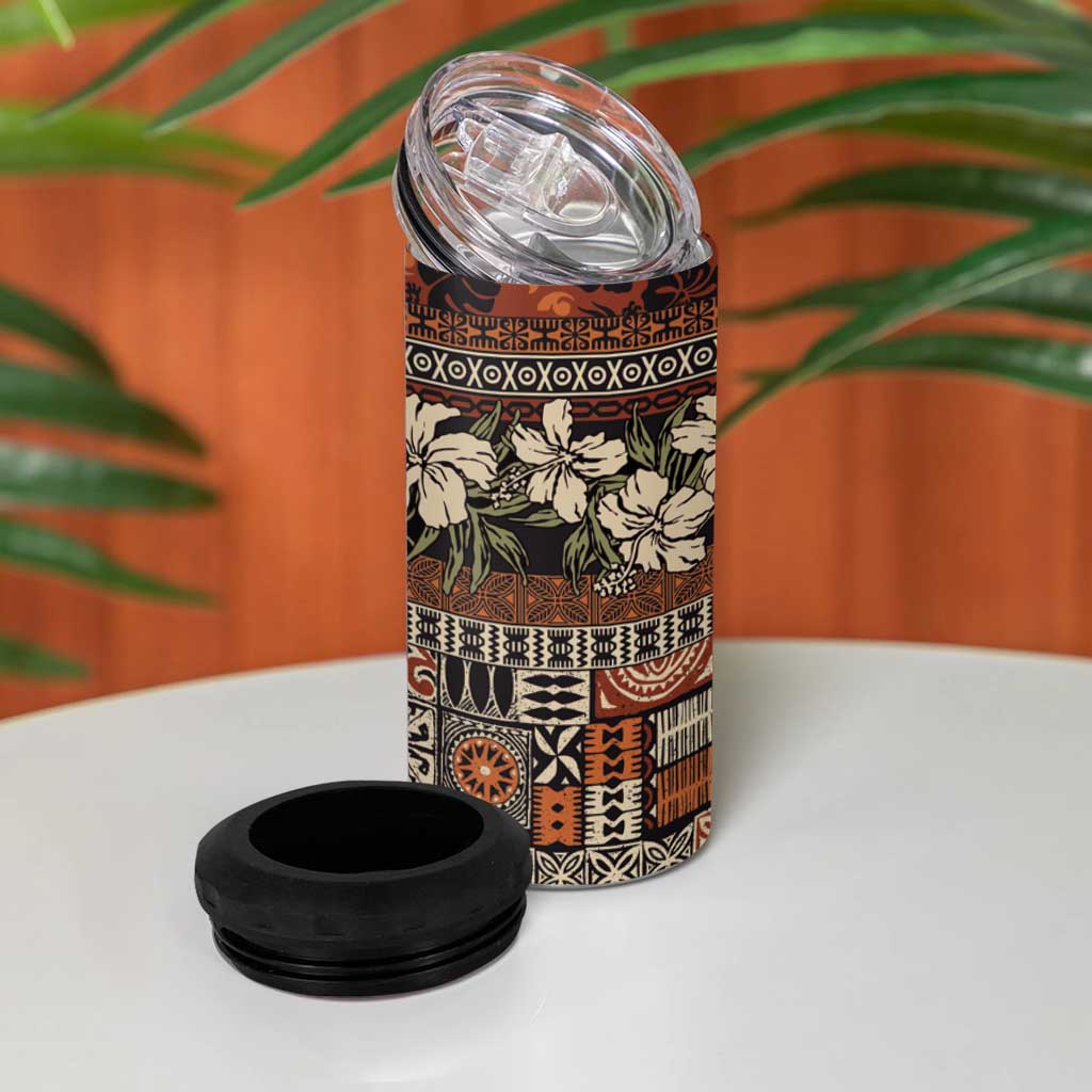 Pacific Hibiscus Tapa Tribal Vintage 4 in 1 Can Cooler Tumbler Brown Motif LT9 - Polynesian Pride