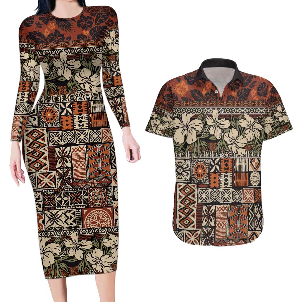 Pacific Hibiscus Tapa Tribal Vintage Couples Matching Long Sleeve Bodycon Dress and Hawaiian Shirt Brown Motif LT9 Brown - Polynesian Pride