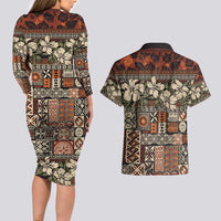 Pacific Hibiscus Tapa Tribal Vintage Couples Matching Long Sleeve Bodycon Dress and Hawaiian Shirt Brown Motif LT9 - Polynesian Pride