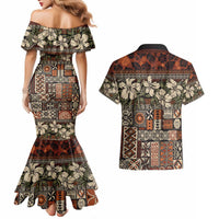 Pacific Hibiscus Tapa Tribal Vintage Couples Matching Mermaid Dress and Hawaiian Shirt Brown Motif LT9 - Polynesian Pride
