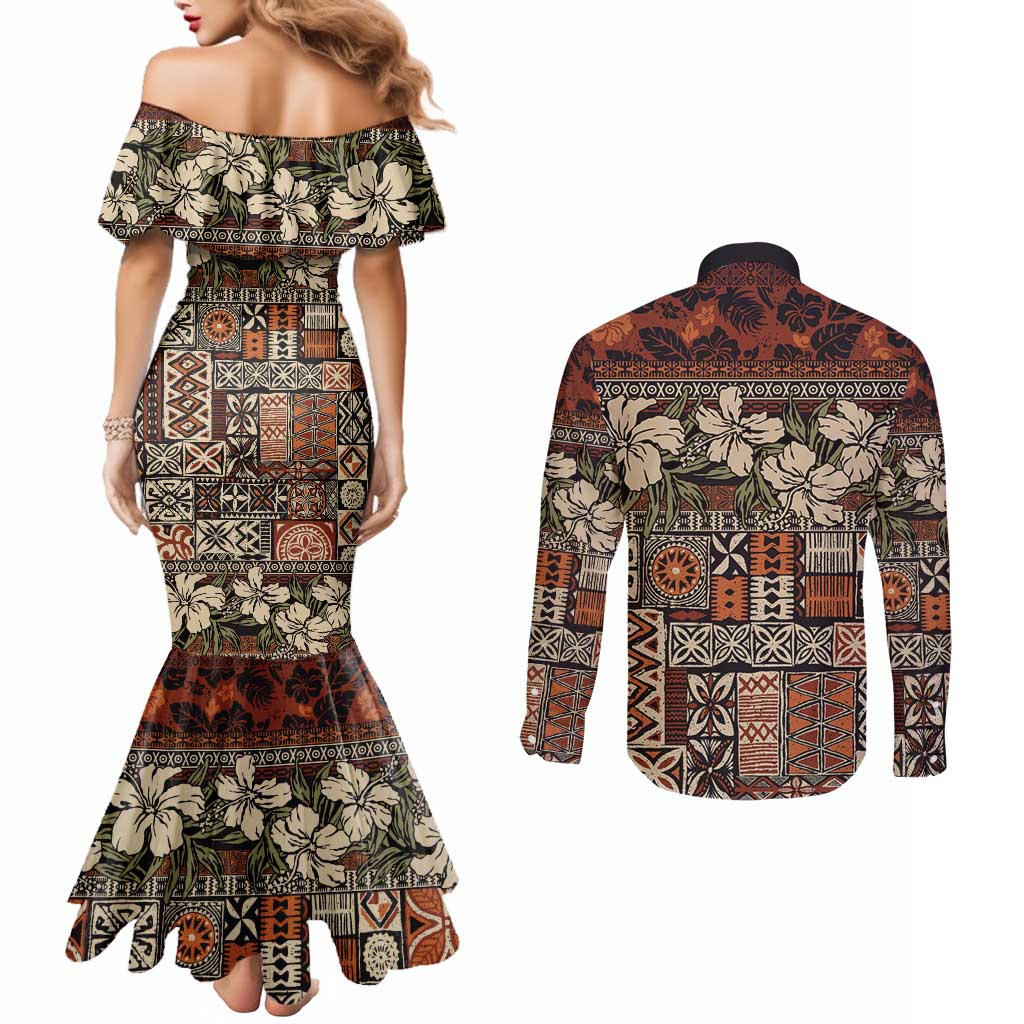 Pacific Hibiscus Tapa Tribal Vintage Couples Matching Mermaid Dress and Long Sleeve Button Shirt Brown Motif LT9 - Polynesian Pride