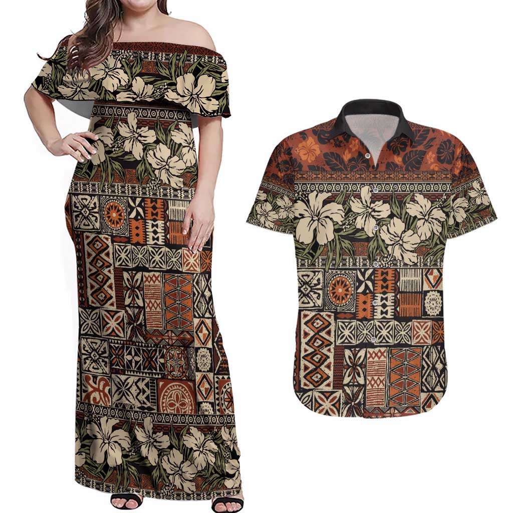 Pacific Hibiscus Tapa Tribal Vintage Couples Matching Off Shoulder Maxi Dress and Hawaiian Shirt Brown Motif LT9 Brown - Polynesian Pride