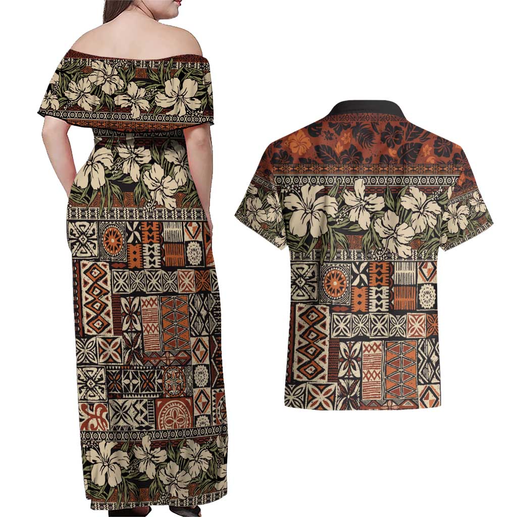 Pacific Hibiscus Tapa Tribal Vintage Couples Matching Off Shoulder Maxi Dress and Hawaiian Shirt Brown Motif LT9 - Polynesian Pride