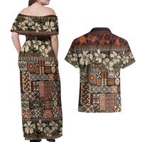 Pacific Hibiscus Tapa Tribal Vintage Couples Matching Off Shoulder Maxi Dress and Hawaiian Shirt Brown Motif LT9 - Polynesian Pride