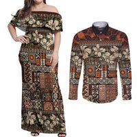 Pacific Hibiscus Tapa Tribal Vintage Couples Matching Off Shoulder Maxi Dress and Long Sleeve Button Shirt Brown Motif LT9 Brown - Polynesian Pride